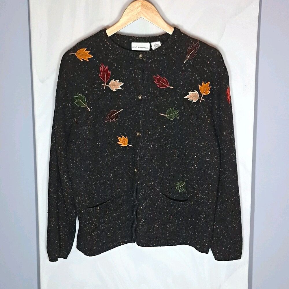 Black Speckled Velvet Leaf Cardigan Sweater L Fall Autumn Grandmacore Cottage